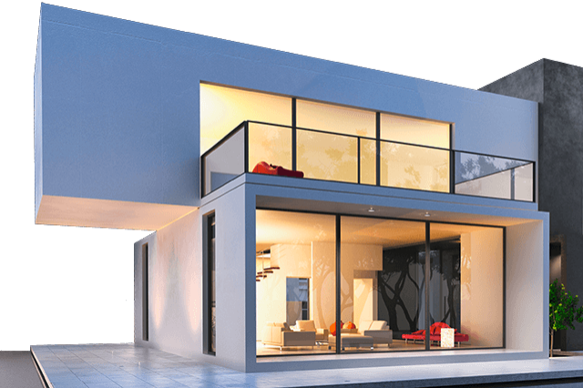 Modernes quadratisches Einfamilienhaus mit zimmerhohen Fenstern, im inneren brennt Licht, durch die Fenster Blick ins Wohnzimmer